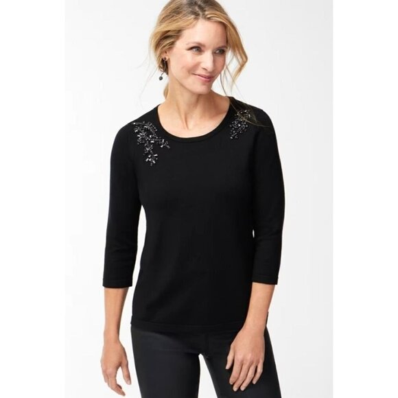 Chico's Black Knit Round Neck Sparkle Rhinestone Embellished Sweater 3X NWOT - Picture 1 of 11